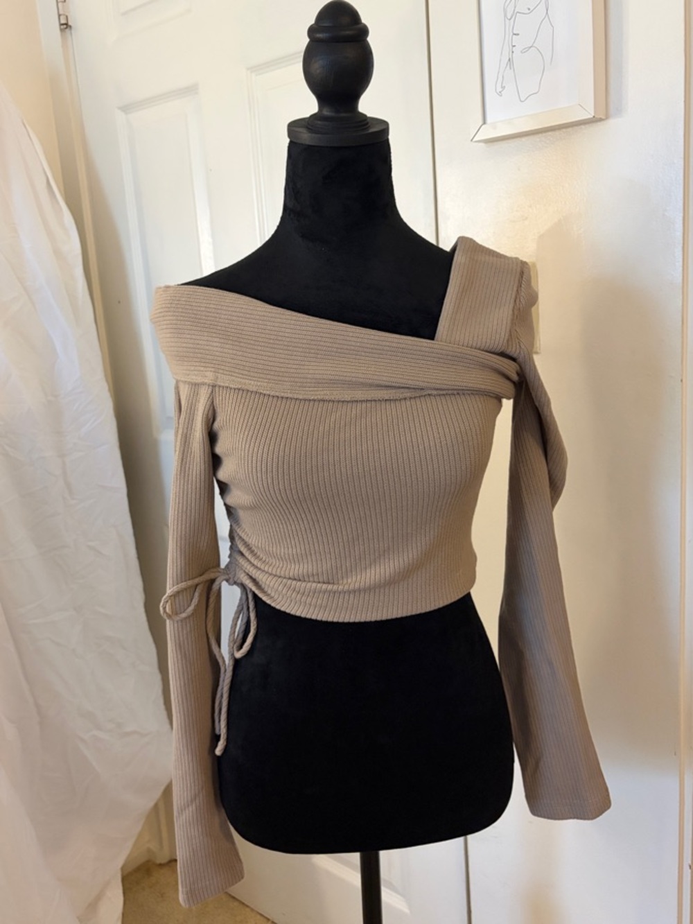 Sabo Skirt Taupe Ribbed Off-Shoulder Long Sleeve Top